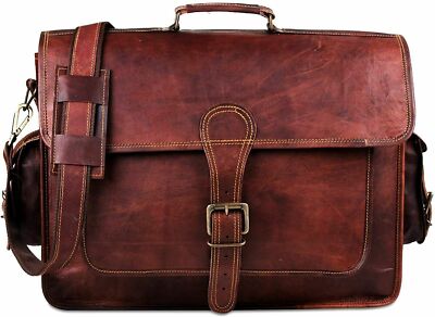 Large Real Goat Leather Vintage Brown Messenger Shoulder Laptop Bag Briefcase