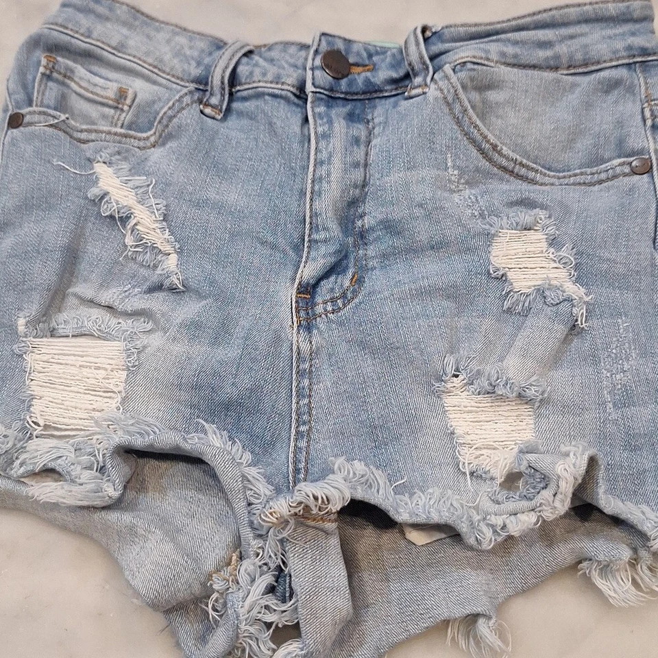 Judith марта светло-синий высокая талия искусственно состаренный Jean шорты Tiger нашивка Sz Med LSU - Изображение 2 из 4