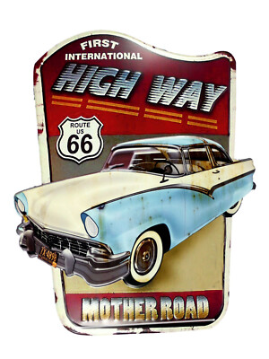 Blechschild ''Highway'' Route 66 Motherrad Oldtimer US-Car 75x60cm Neu