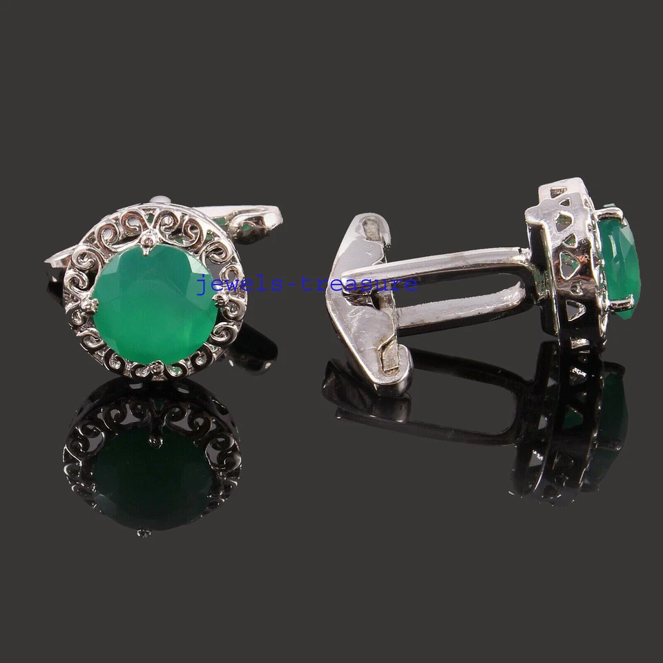 Verde Natural Onix Piedra Con 925 Plata de Ley Gemelos para Hombre #J578 - Imagen 2 de 3