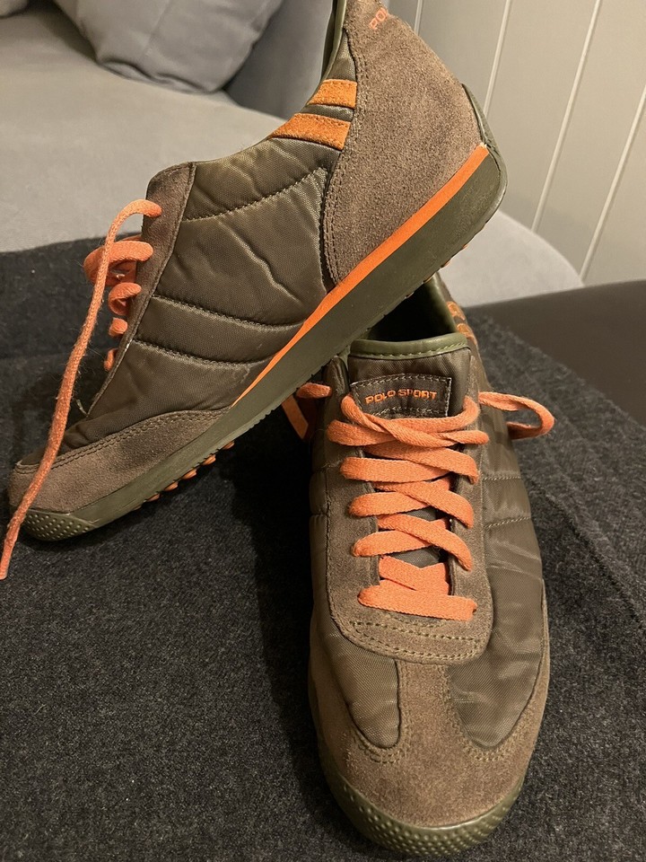 Ralph Lauren Polo Sport Suede Nylon Olive Green Orange Sneaker Women’s