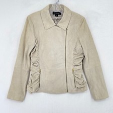 ST JOHN Moto Jacket Womens 6 Lamb Suede Leather Beige Zip Up Ruched Silk Lined