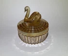 Vintage Jeanette Marigold Powder Trinket Covered Box Dish Iridescent Swan (Read)