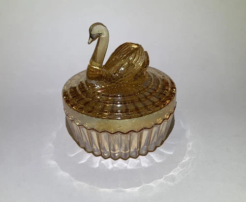 Vintage Jeanette Marigold Powder Trinket Covered Box Dish Iridescent Swan (Read)