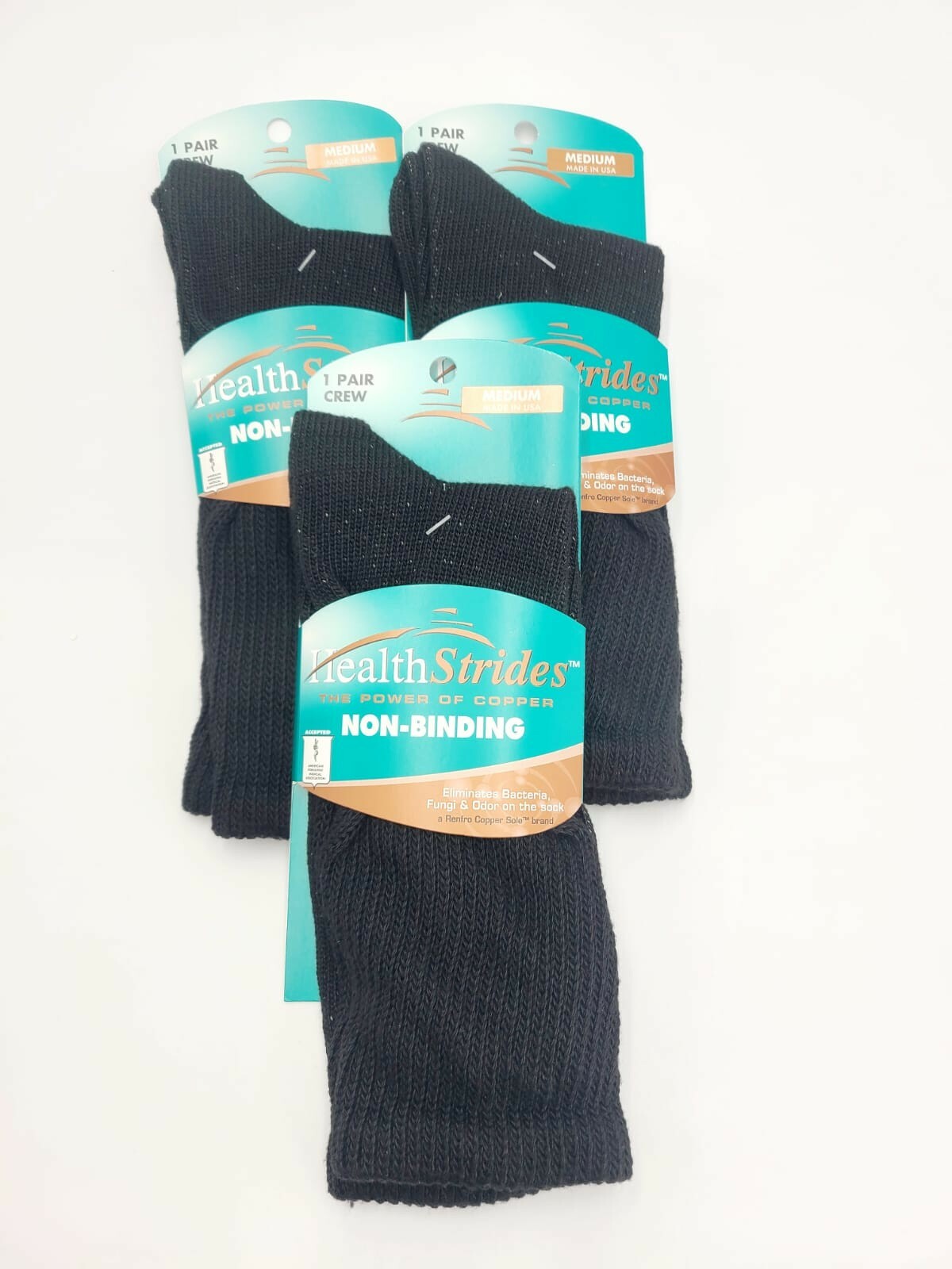 SAOLA Health Strides 3 Pair Copper Sole Non Binding Mens Crew Socks Color Black Size M