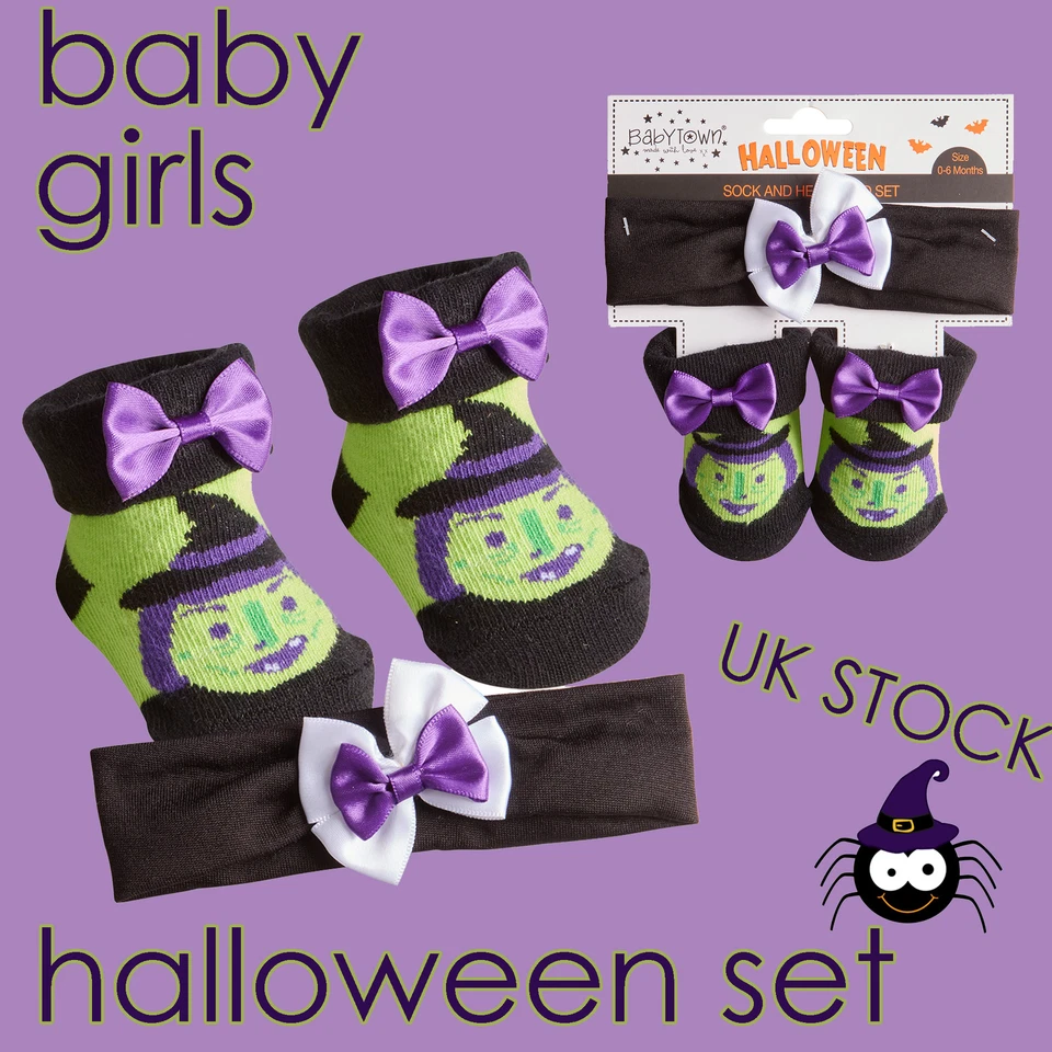 BABYTOWN Baby Girls Halloween Outfit Set Socks and Headband Set Witch 0-6 6-12 Months UK