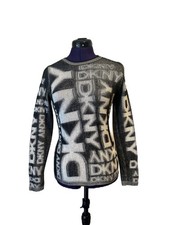 DKNY Black White Logo Jacquard Crewneck Sweater Size Medium