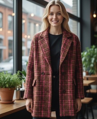 Zara NWT Wool Blend Pink Brown Plaid Lined Car Coat Women s S