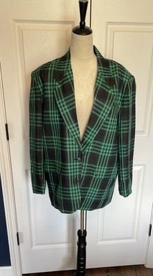 Vintage Designer Georges Rech Paris Linen Green Navy Plaid Blazer