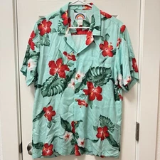 Paradise Found Womens Medium Teal Red Hibiscus Hawaiian Shirt Short Sleeve