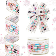 Christmas Wired Edge Ribbon Nutcracker Craft Ribbons Pink Green Cartoon Fabric R