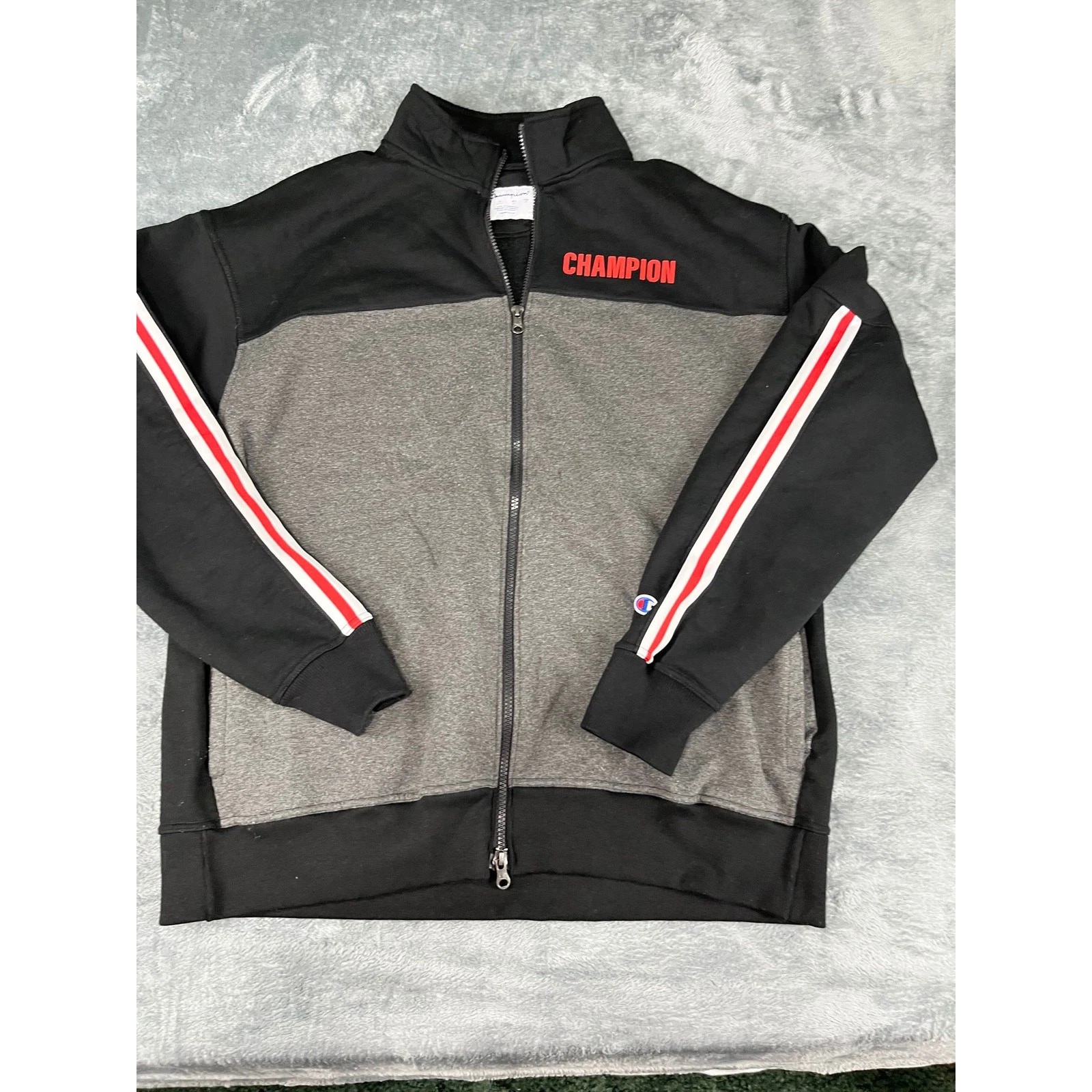 Men's Champion XL Black & Gray Track Jacket w/ Red Stripe - Full Zip - Exc