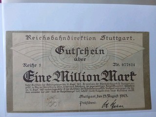 Stuttgart Reichsbahndirektion Notgeld 1 Million Mark v. 13.08.1923
