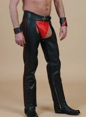Herren Schwarz Biker Leder Chap Hose | Echt Lammfell Leder Gestreift Chap Hose