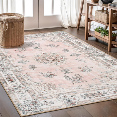 Pink 5x7 Washable Area Rug, Soft Floral Non-Slip Carpet for Aesthetic Rooms