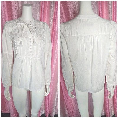 Loft 100% Cotton White Cottagecore Embroidered Prairie Blouse Size XS