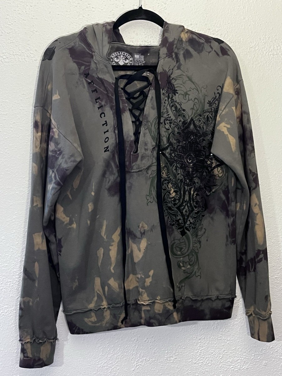Affliction Donnington Olive Green Rhinestone Raw Hem Hooded Sweatshirt L View 6