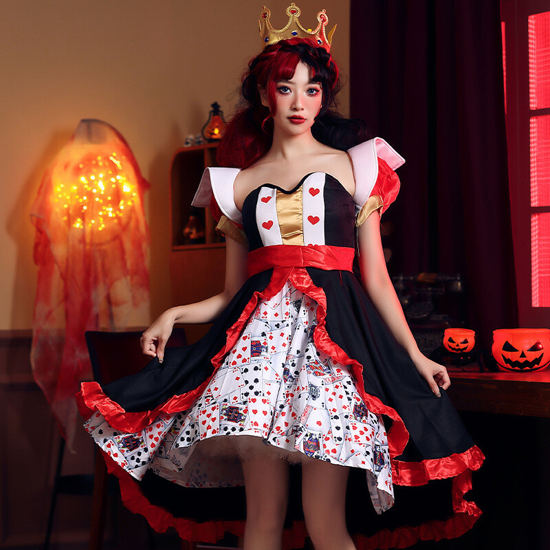 Disfraz de Reina Roja Poker Estampado Alicia en el País de las Maravillas Cosplay Corazón Melocotón Reina