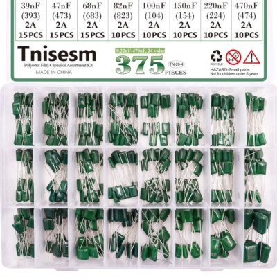 375 Pcs 24 Value Metalized Mylar Polyester Film Capacitors Assortment Kit 0.22nF