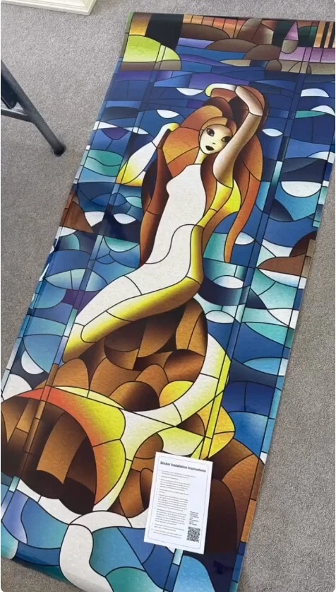 Mural de puerta de vitral de ventana de sirena, pegatina laminada duradera, pieza única Foto 4 de 4