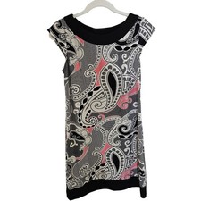Liz Claiborne Woman Size 10 Shift Dress Paisley Print Black Trim Jersey Boho
