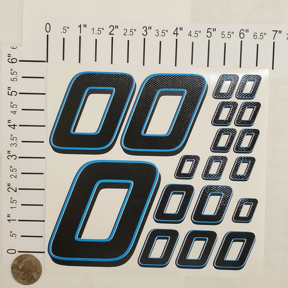 Matte Black-w/Gloss Carbon Fiber Blue #0's Racing Numbers Vinyl Decal Sheet Rc