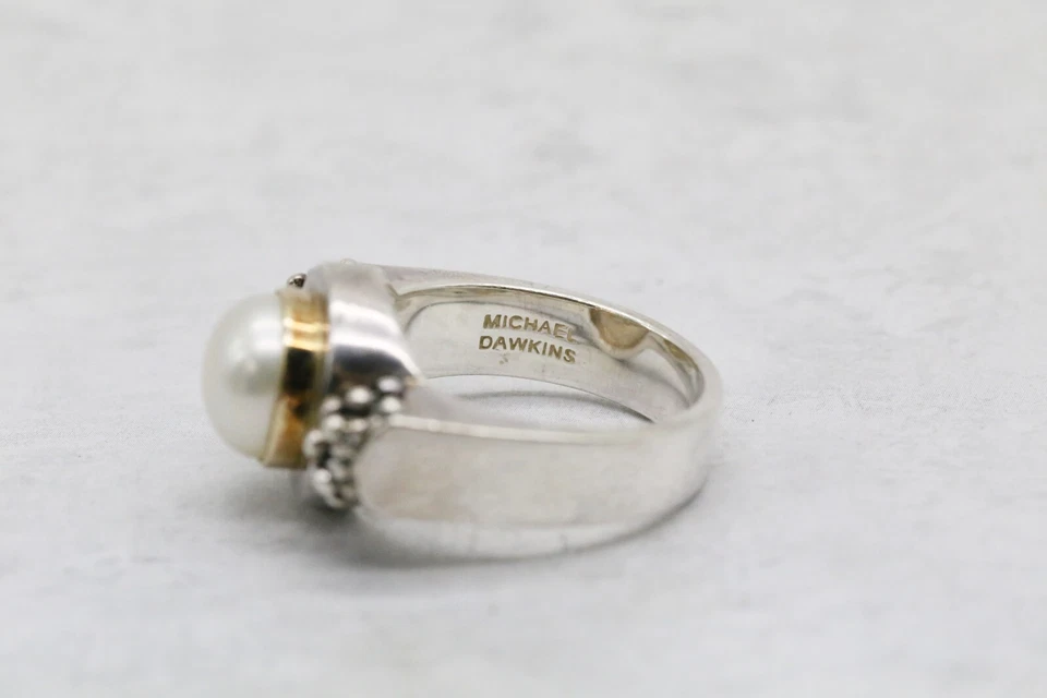 Anillo Michael Dawkins de plata de ley, oro amarillo de 14 quilates y perlas talla 9, 13,3 gr. Foto 3 de 4