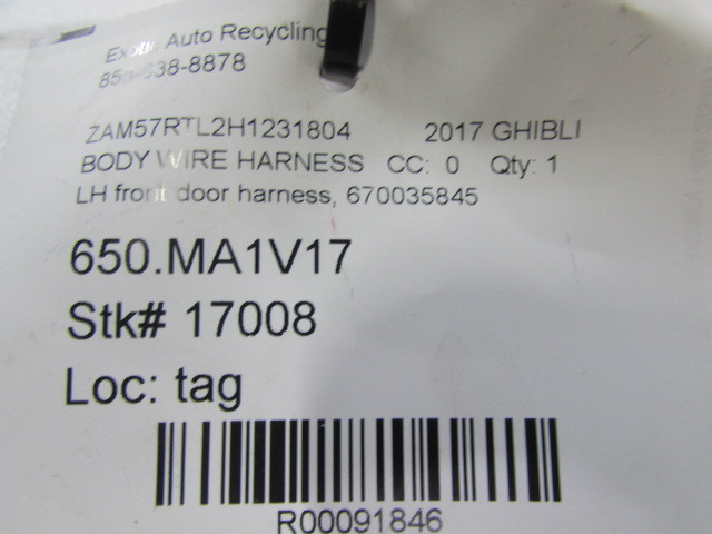 Maserati Ghibli, LH Front Door Wire Harness, Used, P/N 670035845