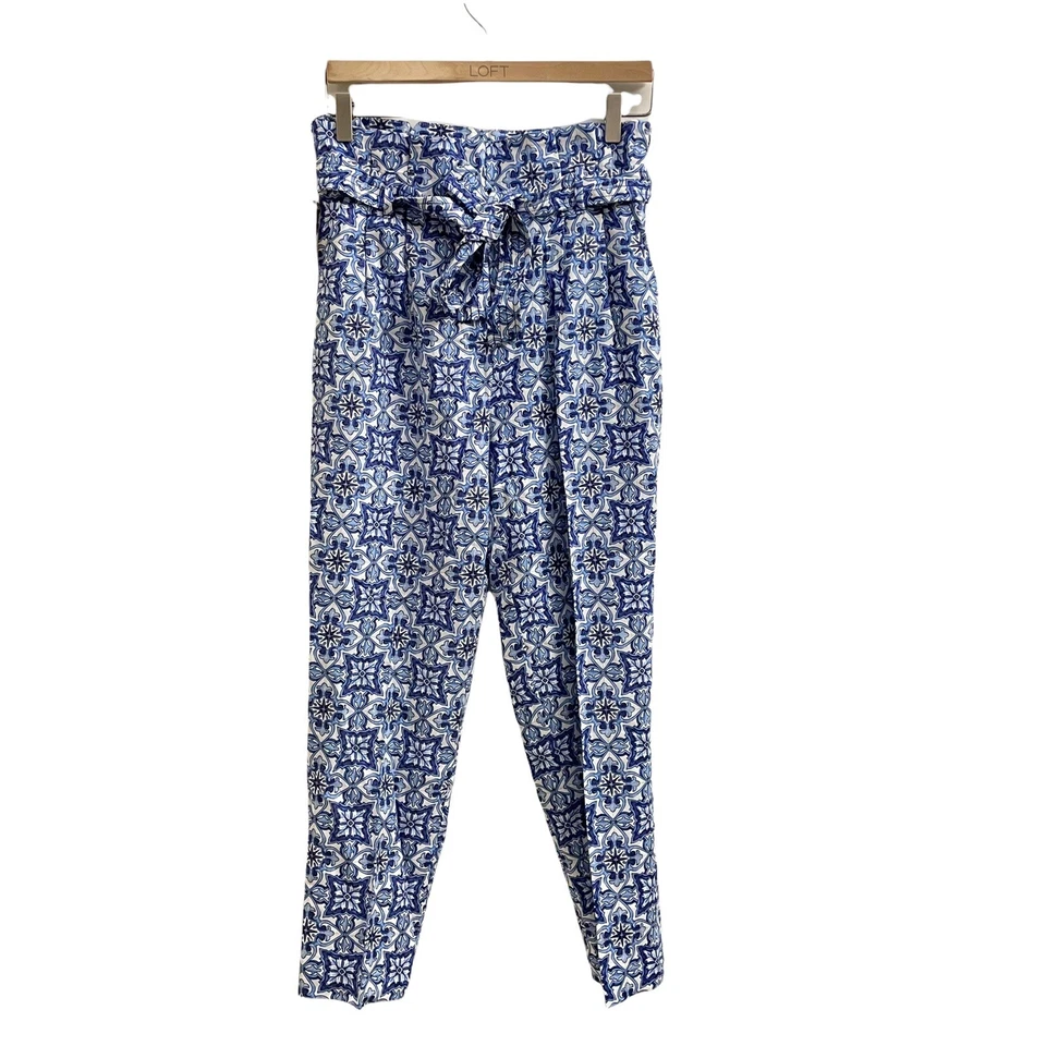 Pantalones Pantalones informales con estampado de azulejos Rachel Roy para mujer, azules, corbata en la cintura talla 4 NUEVO Foto 2 de 4