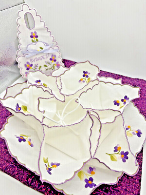 Embroidered Linen Coasters and Snap Bun Holders - 8 Pc Set Hand Made - Budapest
