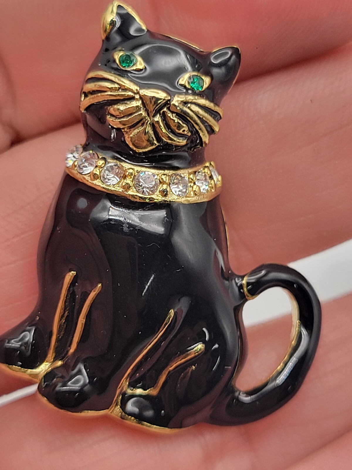 Vintage Monet Black Kitty Cat Enamel Rhinestone Green Eyes Brooch Pin ...