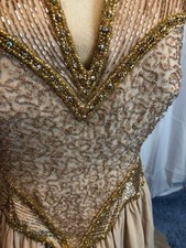 NWOT $450 Linzas Fit & Flare Beige Gold Beaded Dress Long Wedding Prom Sz 16 Wow
