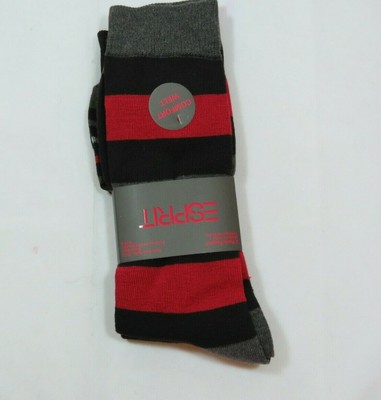 Men's 2 Pack ESPRIT Black Gray Red stripes striped crew socks size 10-13 