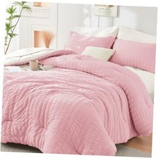 Queen Comforter Set Seersucker 7 Pieces, All Season Queen 88"x 88" Pink/Ivory