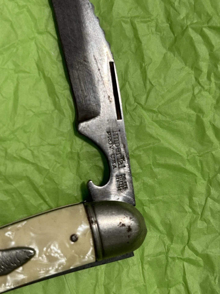 Cuchillo de Pesca Imperial EE. UU. De Colección Incrustación de Peces Hoja Dentada y Escalador Anuncio en Mango Foto 4 de 4