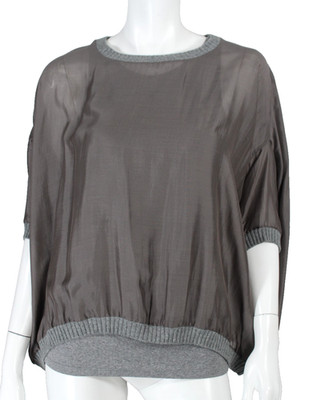BRUNELLO CUCINELLI Gray Silk Chiffon & Knit Contrast Pullover Blouse L