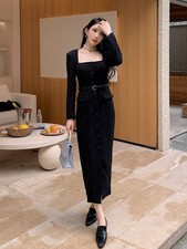 Womens Self-Portrait Square-neck long-sleeved belt Dress