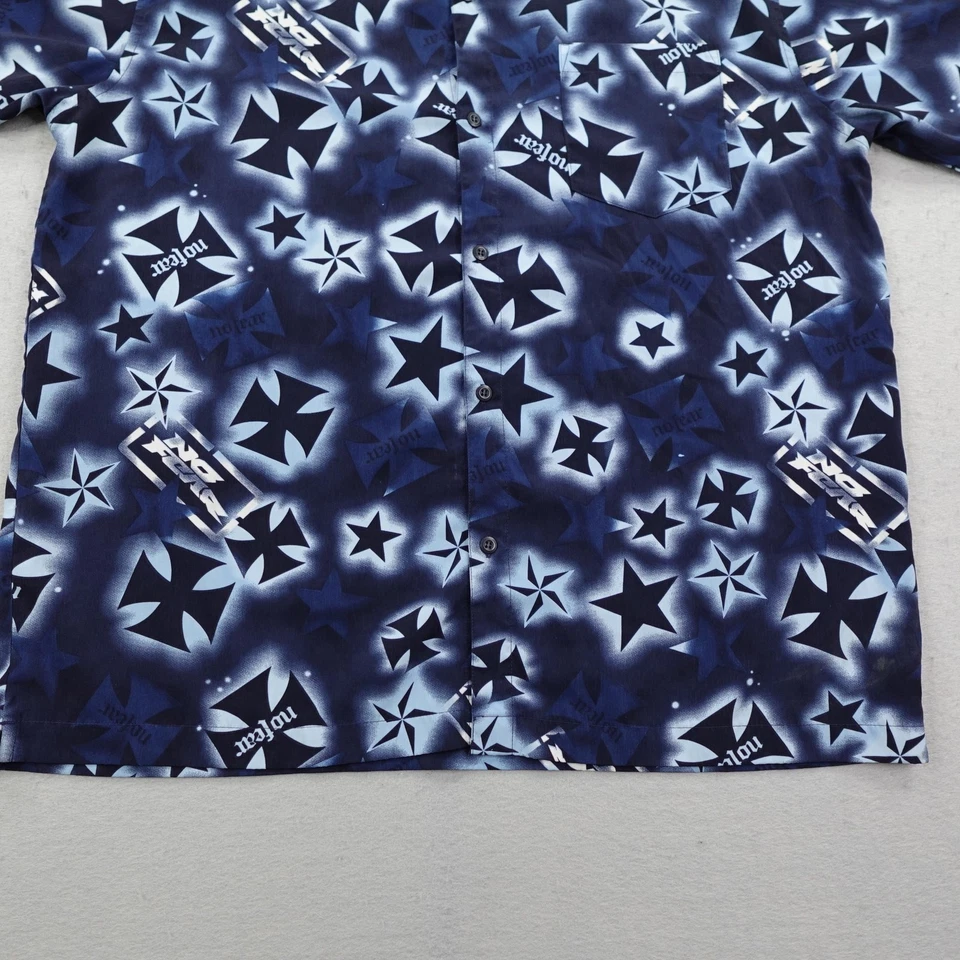 Vintage No Fear Shirt Mens 2XL Blue Button Up AOP All Over Print Skater Y2K - Image 4 of 4