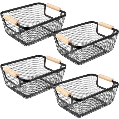 4-Piece Metal Wire Basket Organizer with Wooden Handles for Storage