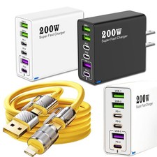 200W Multi USB Wall Charging Charger, 4-in1 Fast Charge Cable For All Cell Phone