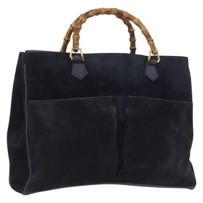 GUCCI Bamboo Hand Bag Suede Navy Gold 002 123 0322 Auth mr2091