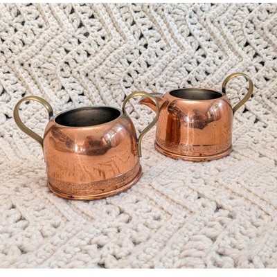 Vintage Copper Cream and Sugar Set Brass Handles Etched Detail 2.5 inch