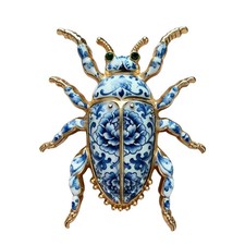 Blue White Beetle Brooch Enamel Floral Insect Pin Gold Tone Animal Jewelry Gift