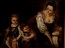 tableau huile sur toile , scene enfants et chaton XIXème