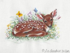 Spring FAWN in Flowers w/ Butterflies HP Needlepoint Canvas by LIZ  S. Roberts