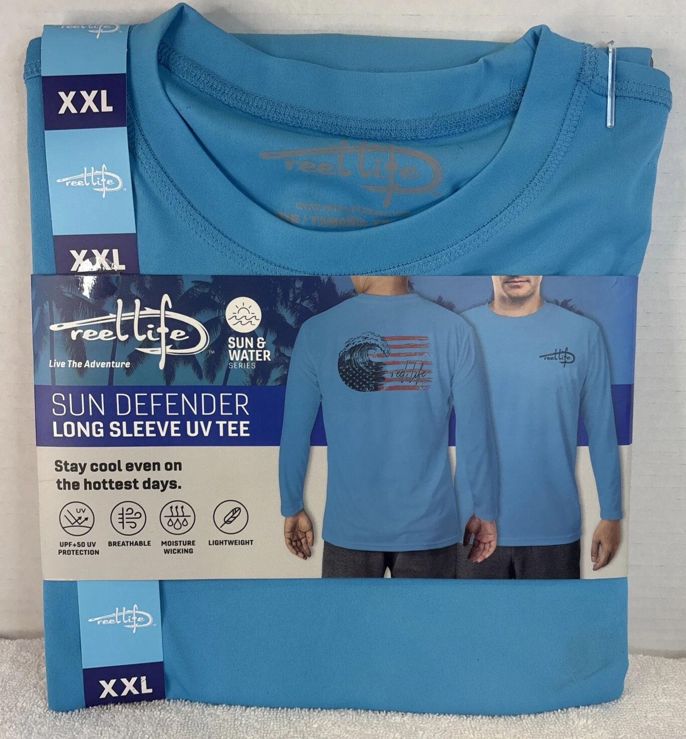 Reel Life Mens Sun Defender Lightweight Long Sleeve UV Tee Horizon Blue XXL NWT