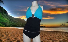 NWT GOTTEX BLACK TEAL W CENTER DETAIL HALTER TANKINI BATHING SUIT SET sz - 8
