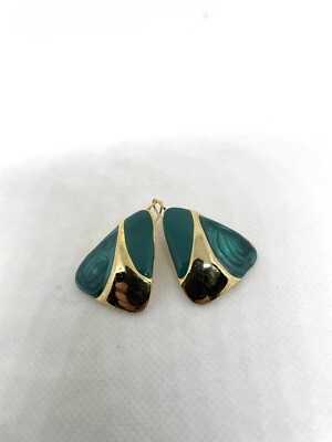 Teal Green Enamel & Gold Tone Triangle Post Earrings Pierced