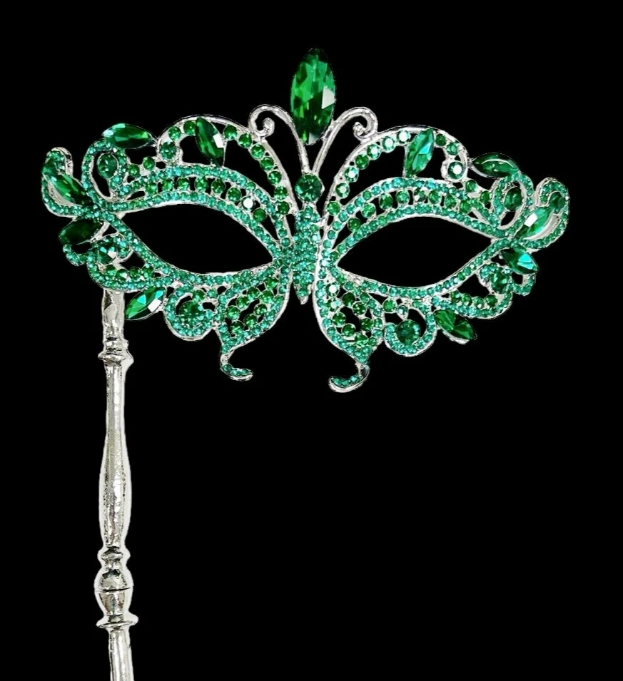 Masquerade Mask with Stick, Wedding Party Silver Mask, Prom Green Crystal Mask - Image 4 of 4