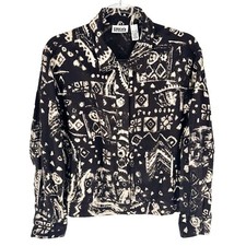 Chico's Design Jacket Womens Medium Brown Linen Blend Snap Front Tribal Aztec